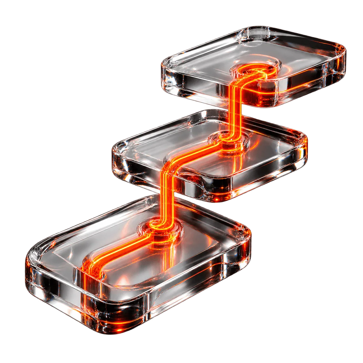 Camadas transparentes de vidro conectadas por uma trajetória laranja